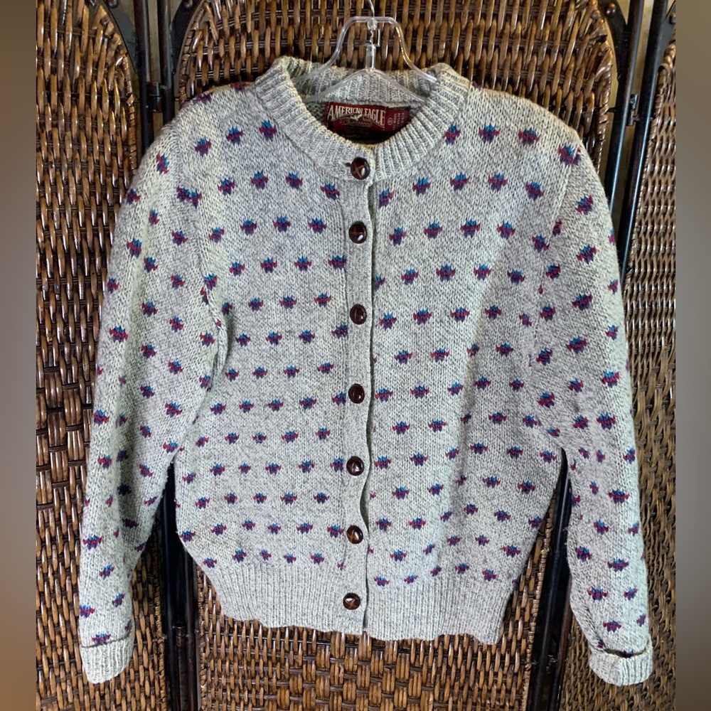 American Eagle Outfitters Cream Knit Cardigan with Purple and Blue Dots